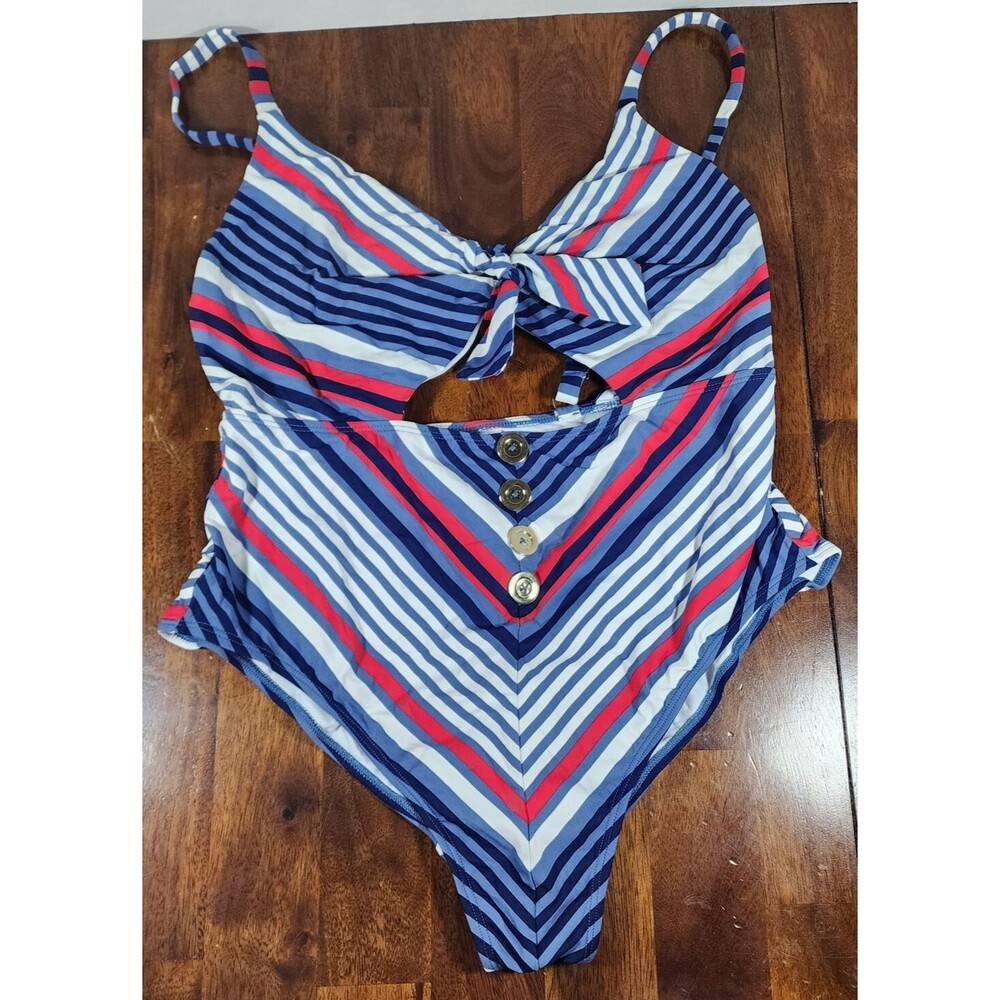 Time Tru L One Piece Swim Suit Red White Blue Patriotic Sailor Cutout Peep Vneck